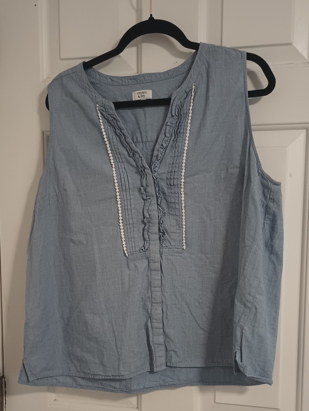 crown & ivy Chambray Blue Ruffle-Front Sleeveless Blouse